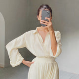 Autumn/Winter 2025 New Long-Sleeved Lap Folding Shirt Women's Broad-Legged Drag Feeling Wrinkled Trouser Set Solid Color 68HZ