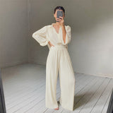 Autumn/Winter 2025 New Long-Sleeved Lap Folding Shirt Women's Broad-Legged Drag Feeling Wrinkled Trouser Set Solid Color 68HZ