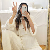 Autumn/Winter 2025 New Long-Sleeved Lap Folding Shirt Women's Broad-Legged Drag Feeling Wrinkled Trouser Set Solid Color 68HZ