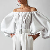 French Temperament 2025 Spring New Design Long-Sleeved Bubble Lantern Sleeves Leak Shoulder Women's Shirt Top 68HZ