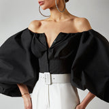 French Temperament 2025 Spring New Design Long-Sleeved Bubble Lantern Sleeves Leak Shoulder Women's Shirt Top 68HZ