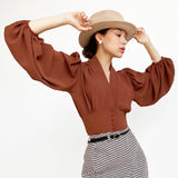 New French V-Neck Women's Shirt In Autumn 2025 Court Style Lantern Sleeves Long-Sleeved Shirt 68HZ