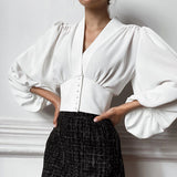 New French V-Neck Women's Shirt In Autumn 2025 Court Style Lantern Sleeves Long-Sleeved Shirt 68HZ