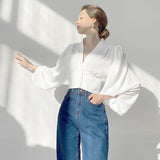 New French V-Neck Women's Shirt In Autumn 2025 Court Style Lantern Sleeves Long-Sleeved Shirt 68HZ