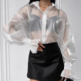 Spring And Summer New White Collar Sexy Perspective Yarn Shirt 2025 Fashion Lotus Edge Top 68HZ