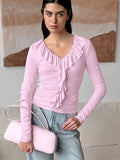 Women's Clothing 2025 Autumn And Winter New Long-Sleeved T-Shirt V-Neck Fashion Temperament Commuting Lotus Leaf Blouse 68HZ