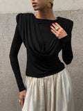 Folded Waist Swing Long-Sleeved T-Shirt Women's Senior Sense 2025 Autumn And Winter Beauty Bottom Top 68HZ