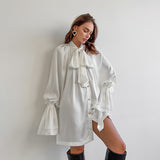Autumn And Winter Leisure Temperament Thick And Dumb Color Color Silove Loose Fluttering Lead The Horn Sleeve With Women's Dress White 68HZ