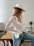 French Elegance Chiffon Print Autumn Body-Repair Sexy V-Neck Horn Sleeve With Lotus Leaf-Side Shirt Woman 68HZ