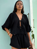 2025 French Autumn Bubble Wrinkled Casual Set Through Bubble Bubble Sleeve V Tie With High Waist Hot Pants Set 68HZ