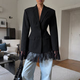 Black Small Suit Jacket 2025 Autumn And Winter New Design Lace Splicing Commuting Women's Long-Sleeved Top 68HZ