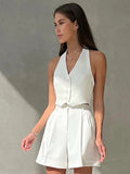 Spring And Summer New Commuting Style Sleeveless V-Neck Hanging Neck Hot Pants Set 2025 Fashion Two Sets 68HZ