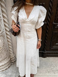 2025 New Women's French Cotton-Dense V. Collar Bubble Sleeve Strap Bow Dress High Sense 68HZ