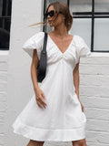 White French Cotton Foam Sleeve V Tie Dress 2025 Summer Fashion New Short Dress 68HZ