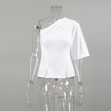 French White Irregularly Side-Sleeved Knitted T-Shirt 2025 Fashion New Woman 68HZ