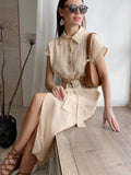 Summer New Commuter Collar Sleeveless Cotton Dress Temperament Elegant High-Waisted Long Dress Straight Skirt 68HZ