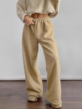 2025 Autumn And Winter Fashion Warm Thick Velvet Leisure Trousers Tying Belt Mid-Sleece Loose Broad-Footed Trousers Woman 68HZ
