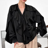 Black V-Necked Lotus Leaf Side Bubble Sleeves Of The Lady's Shirt 2025 Autumn And Winter Fashion New Top 68HZ