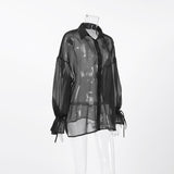 Black Sexy Mesh Collar Bubble Sleeve Lady Shirt 2025 New Autumn Fashion Women's Top 68HZ
