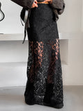 Vintage Black Lace Perspective Sexy And Ankle Skirt Summer Fashion Mid-Rise Commuting Half-Dressed Dress Woman 68HZ
