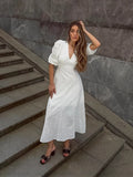2025 New Women's French Cotton-Dense V. Collar Bubble Sleeve Strap Bow Dress High Sense 68HZ