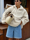 Autumn And Winter Personality Fashion Beige Knitted Leisure Lamb Velvet Small Standing Lantern Sleeves Plush Loose Jersey Woman 68HZ