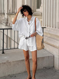 Autumn 2025 New Women's Cotton Shirt Long-Sleeved Fashion Casual Shorts Set Lazy Two-Piece Set 68HZ