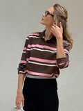 Vintage Striped Knitted Long-Sleeved Polo Shirt Straight Shoulder T-Shirt 2025 Autumn Niche Blouse Woman 68HZ