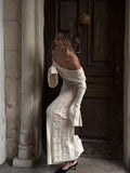 Design Suffixed Shoulder Dress Women's Spring Holiday Style Elegant Crocheted Knitted Long Skirt 68HZ