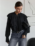 Court Style French Lotus Side Collar Single Row Buckle Long-Sleeved Shirt Women's Dress French Lantern Sleeve Loose Solid Color Top 68HZ