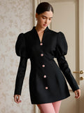 Hepburn Style Black Short A-Sale High-End Women's New Light Luxury V-Neck Bubble Sleeve Dress 68HZ