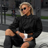New Street Shooting Black Cotton Blisters Long Sleeves Long-Sleeved Umbilly Tops Women's Commuter Shirt 68HZ