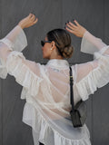 French Spring And Summer New Lotus Leaf Edge Ribbon With Sky Silk Yarn Shirt 2025 Fashion Women's Top 68HZ