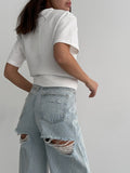 Vintage Water Wash Light Blue Straight Jeans Women Lazy Broad Leg Hole Design Drag Trousers Spring 68HZ
