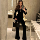 Autumn And Winter Retro Black Sexy V-Necked Bodywear Fashion Waist Horn Pants Elegant Suit Woman 68HZ