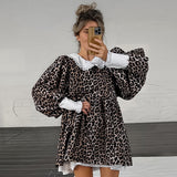 Leopard V-Neck Bubble Sleeve Splicing Lotus Leaf-Side Cover Dress 2025 New Spring Fashion Woman 68HZ