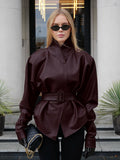 Vintage Wine Red Autumn And Winter Leather Coat Female Senior Feeling Long Sleeves Up Her Belt To Collect Waist Thin Leather Jacket 68HZ