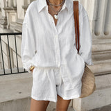 Autumn 2025 New Women's Cotton Shirt Long-Sleeved Fashion Casual Shorts Set Lazy Two-Piece Set 68HZ