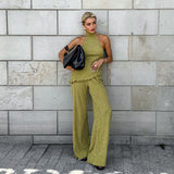 2025 Spring And Summer Design Sense Green Sleeveless Neck Vest Broad Foot Pants Two Sets Of Fashion Set Commuting Woman 68HZ