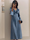 French Imitation Acetate V-Necked Horn Sleeve High-Waisted Lotus Leafy Dress 2025 Autumn Fashion New 68HZ