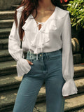 French New Lotus Leaf Side Solid Color V-Neck Bubble Sleeve Shirt 2025 Spring And Autumn Small Design Feeling 68HZ