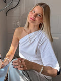 French White Irregularly Side-Sleeved Knitted T-Shirt 2025 Fashion New Woman 68HZ