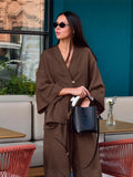 2025 Women's Autumn Suit High-End Full Cotton Lazy Wind V Collar Loose Blouse Broad Leg Pants Two Sets 68HZ