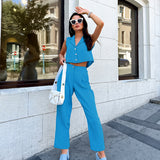 Summer Fashion Casual Set Cotton And Cotton Pure Color Loose Sexy Sleeveless Trousers Simple Two-Set Women 68HZ