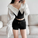 2025 Autumn New Women's Clothing Solid Color Body Open Umbilly Street Fashion V Collar Long-Sleeved Top Woman 68HZ