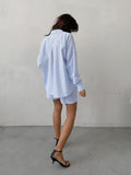2025 New Blue Striped Cotton Clip Shirt Long Sleeve Hot Pants Set Summer Fashion Women's 68HZ