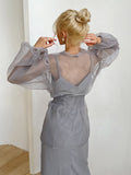 Spring 2025 Y2K Sexy Black Perspective Yarn Shirt Women's Niche Bubble Sleeve Long-Sleeved Shirt Folded 68HZ
