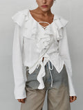 Autumn New Fashion White Cunt Casual Lotus Side Sexy Temperament With Long-Sleeved Ladies Shirt 68HZ