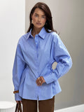 Vintage Design Sense Irregular Striped Shirt Female Senior Pressure Folded Waist Long Sleeve Commuting Top 68HZ