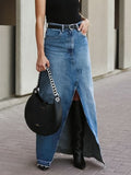 2025 Summer Commute High-Rise Thin Open Fork Blue Denim Skirt Retro Old Bag Hip Half Skirt 68HZ